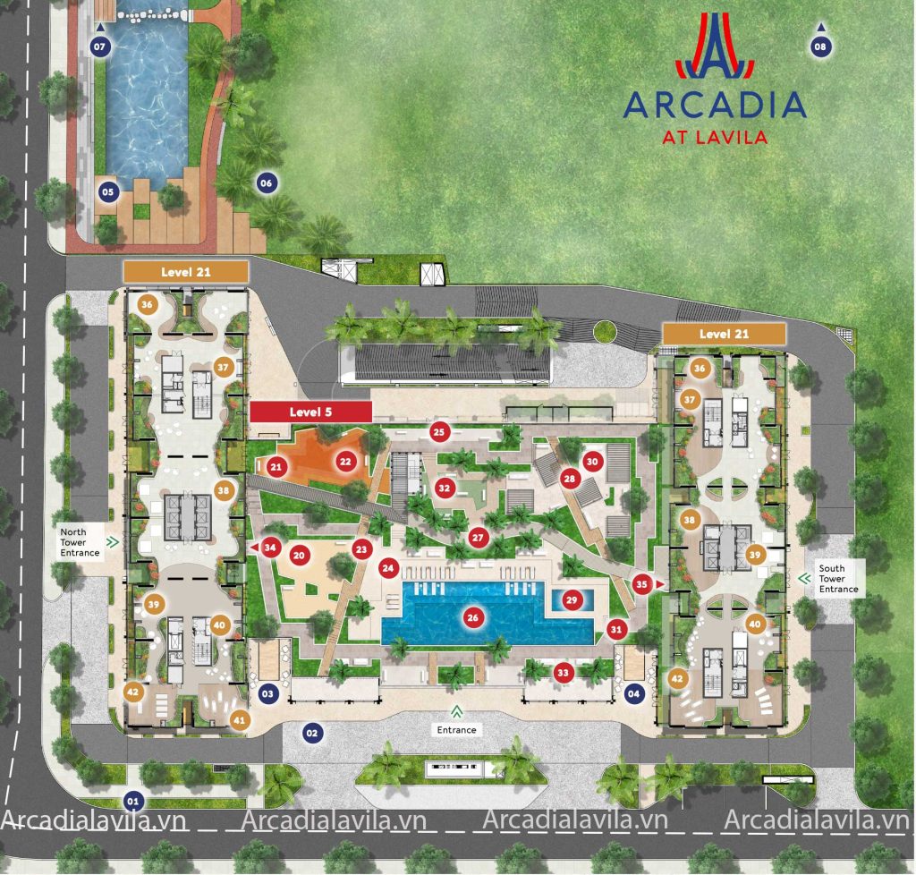Mặt bằng tiện ích tầng trệt và tầng 21 tại dự án Arcadia at Lavila